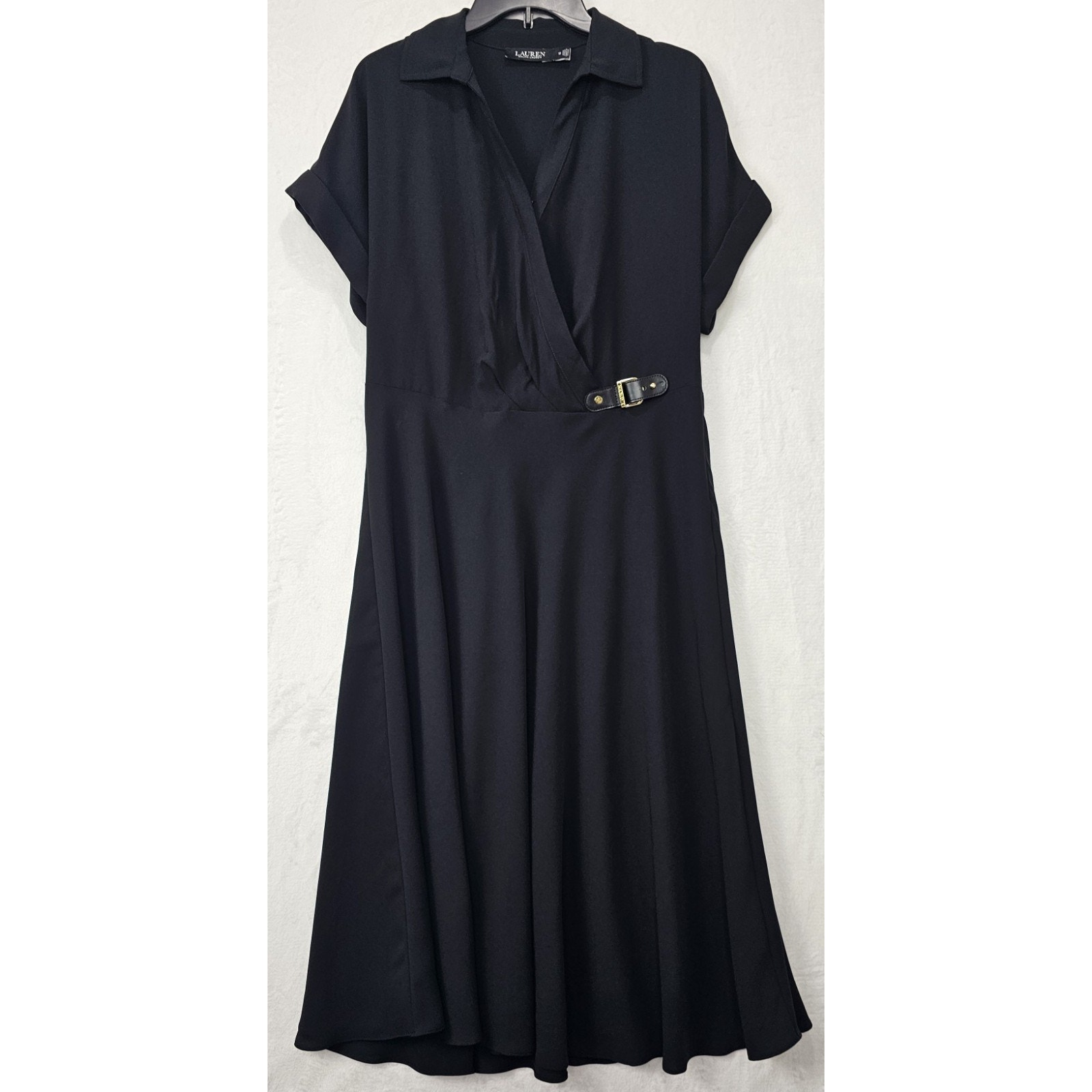 Lauren Ralph Lauren Buckle-Trim Georgette Dress Black Collared Women's Size 12